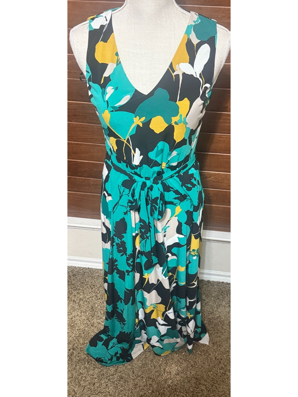 Calvin Klein Green Dress Career Floral Sleeveless Stretch Midi Tie belt sz XS